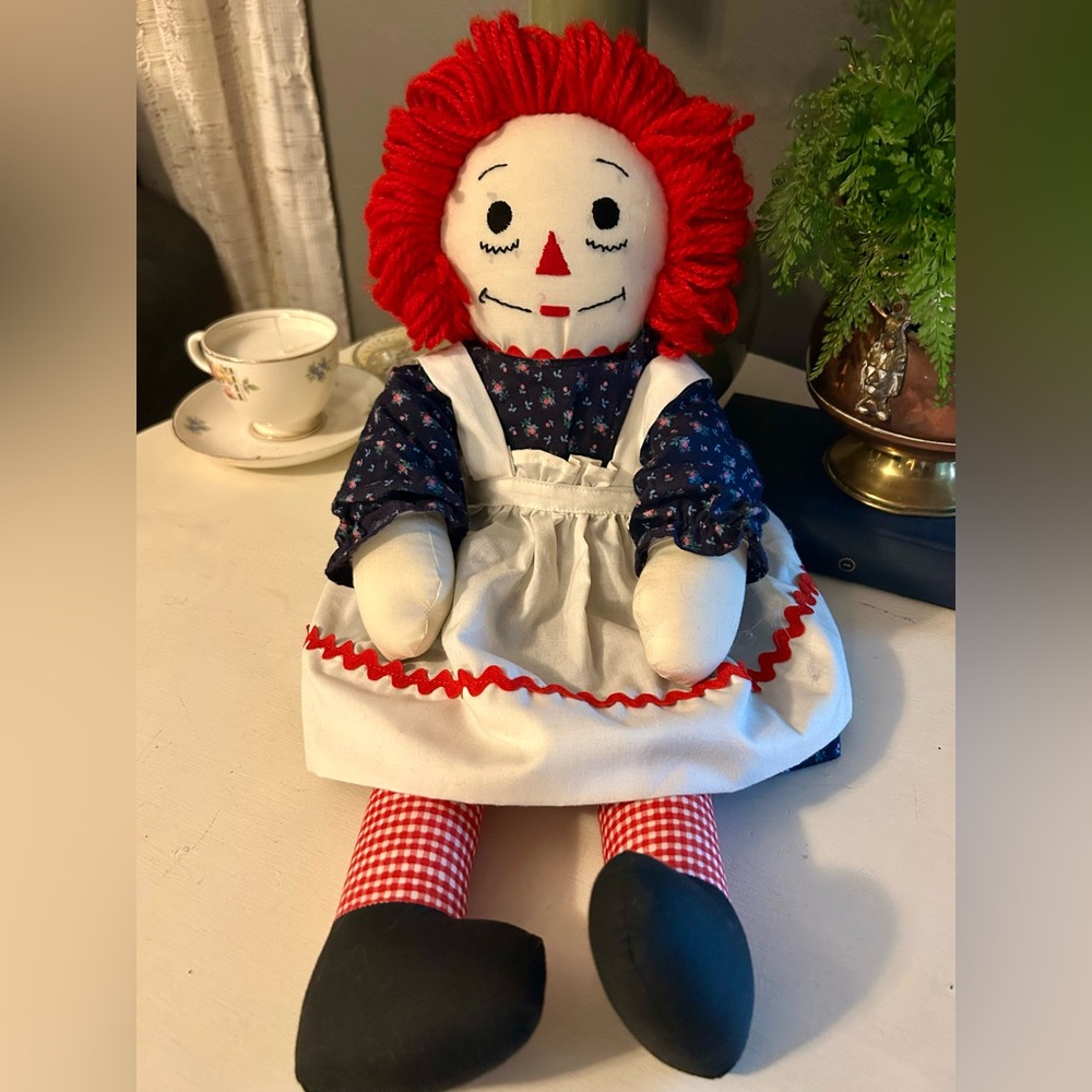 Vintage Raggedy Ann Doll Homemade baby toy apron floral dress ric rac plaid Andy